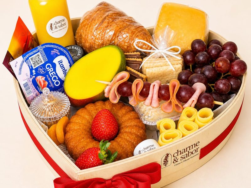 Cesta Coração Encantado em formato coração com queijo, frutas, charcutaria e drip coffee