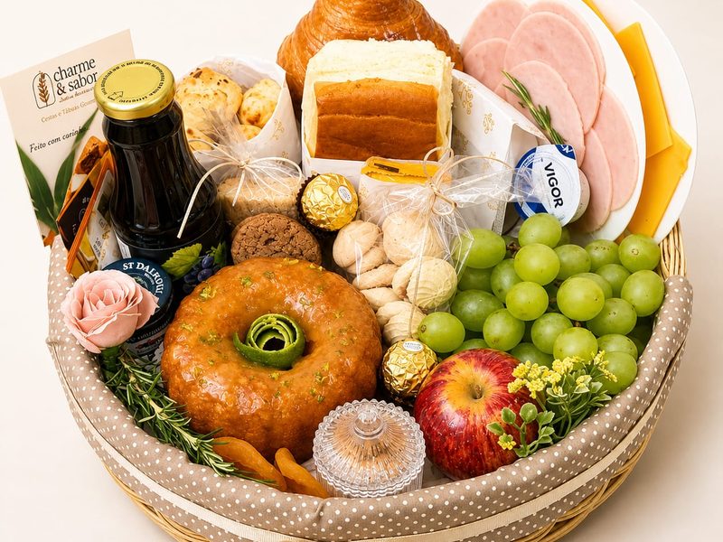 Cesta Experiência Charme e Sabor com pães, queijos, frutas e iogurte