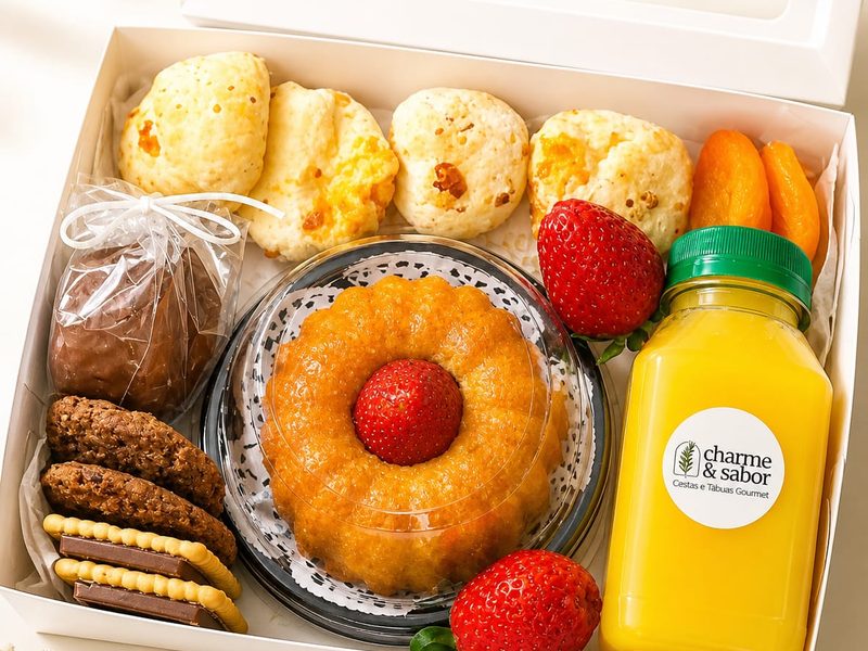 Mini Box Amor em Detalhes com pão de queijo, bolinho, frutas e biscoitos